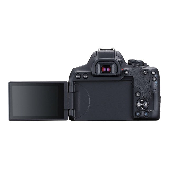 Canon EOS 850D DSLR Camera Body Only - Product Photo 3 - Rear view of the camera with the screen extended and control buttons visible