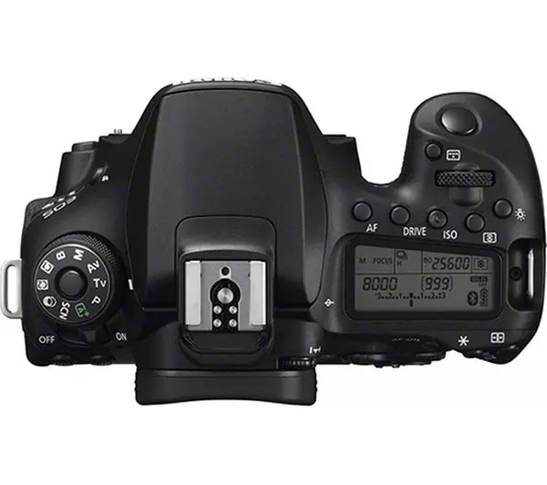 Canon EOS 90D DSLR Camera (Body Only) - Product Photo 11 - Top down view of the camera with the flash port mount, control ring and display screen visible