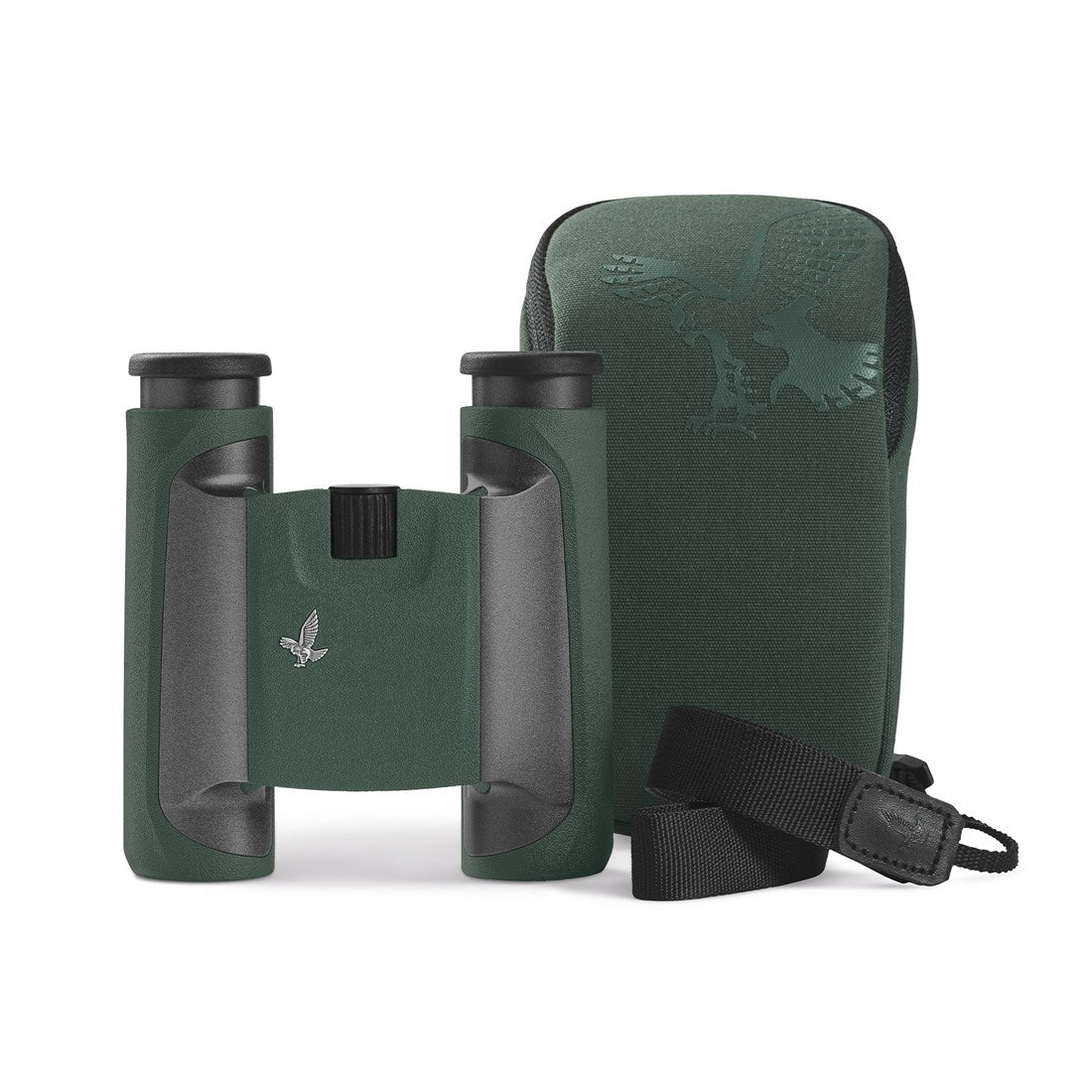 Swarovski CL 10x25 Pocket Binoculars Green with Wild Nature Accessory Pack - Front view of the binoculars and carry case