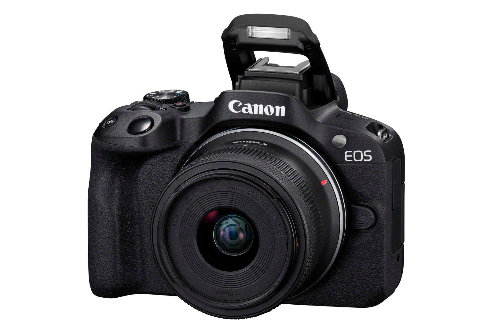 Canon EOS R50 Camera with RF-S 18-45mm Lens Kit - Product Photo 4 - Front side view with lens attached and inbuilt flash extended