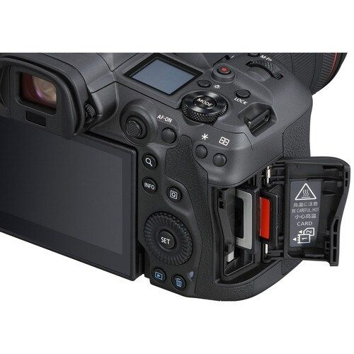 Canon EOS R5 Mirrorless Camera Body - Product Photo 3 - Close up of the controls, screen, viewfinder and memory card card ports