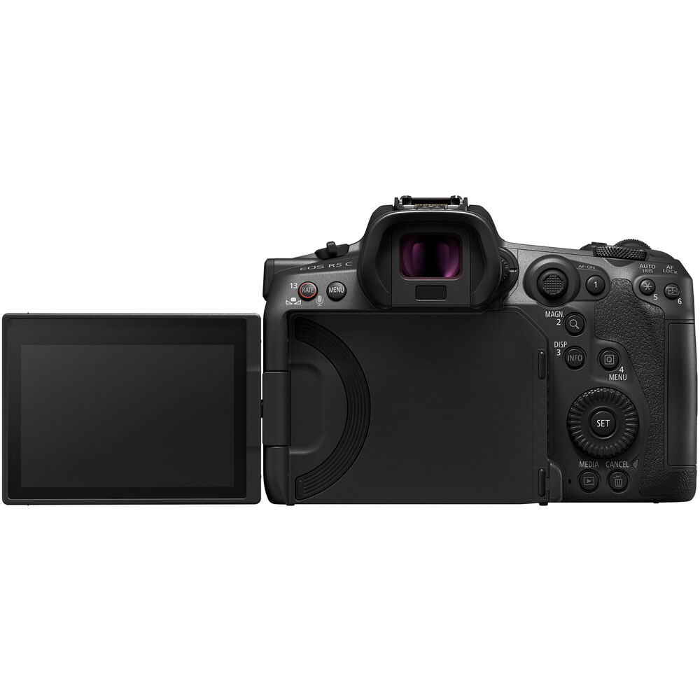 Canon EOS R5C Cinema EOS Full Frame Mirrorless Cinema Camera - Product Photo 3 - Rear view of the camera body with the screen extended and controls visible