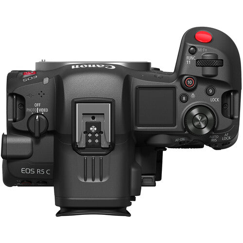 Canon EOS R5C Cinema EOS Full Frame Mirrorless Cinema Camera - Product Photo 4 - Top down view of the camera body with the controls visible and flash port on display