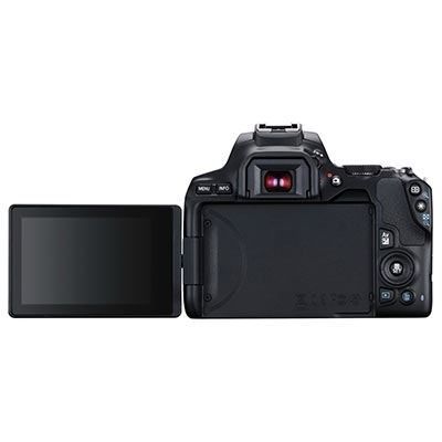 Canon EOS 250D Digital SLR Camera with 18-55mm IS STM Lens - Product Photo 2 - Black Version - rear view of the camera with the display screen extended and control buttons visible