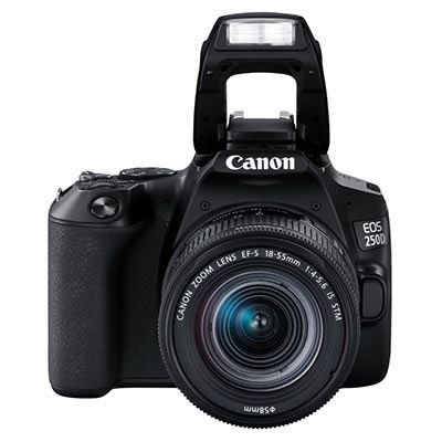 Canon EOS 250D Digital SLR Camera with 18-55mm IS STM Lens - Product Photo 2 - Black Version - Front view of the camera with the flash raised and lens attached