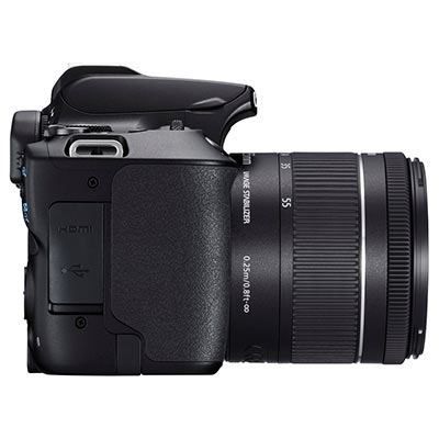 Canon EOS 250D Digital SLR Camera with 18-55mm IS STM Lens - Product Photo 2 - Black Version - Side profile of the camera body with input areas showing and lens attached