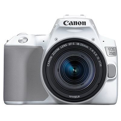 Canon EOS 250D Digital SLR Camera with 18-55mm IS STM Lens - Product Photo 1 - Silver version of the camera. Front shot with lens attached