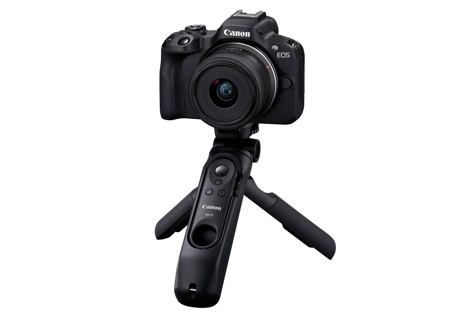 Canon EOS R50 Camera with RF-S 18-45mm Lens - Creator kit - Product Photo 1 - Front view with tripod extended