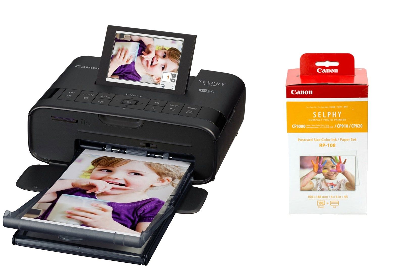 Product Image of Canon SELPHY CP1300 Compact Photo Printer - Black & RP-108IN Ink & paper pack