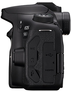 Canon EOS 90D DSLR Camera (Body Only) - Product Photo 5 - Side view with input ports available
