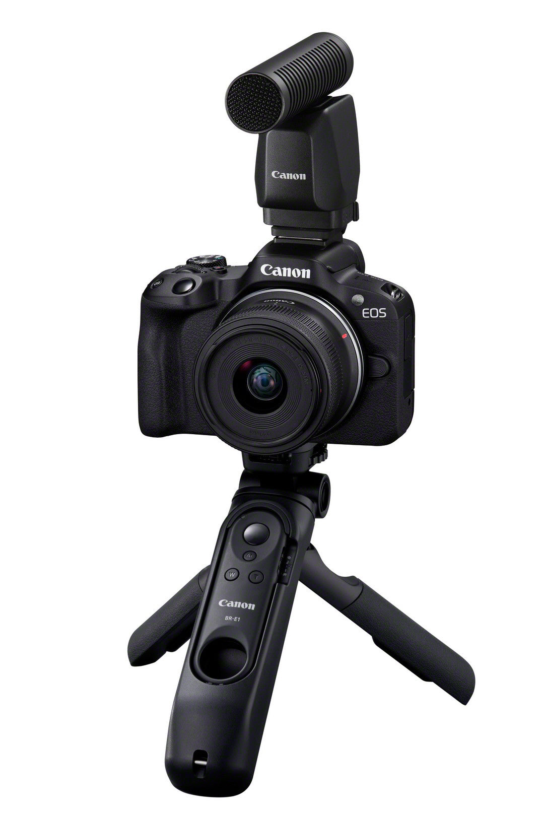 Canon EOS R50 Camera with RF-S 18-45mm Lens - Creator kit - Product Photo 9 - Tripod extended and microphone attached