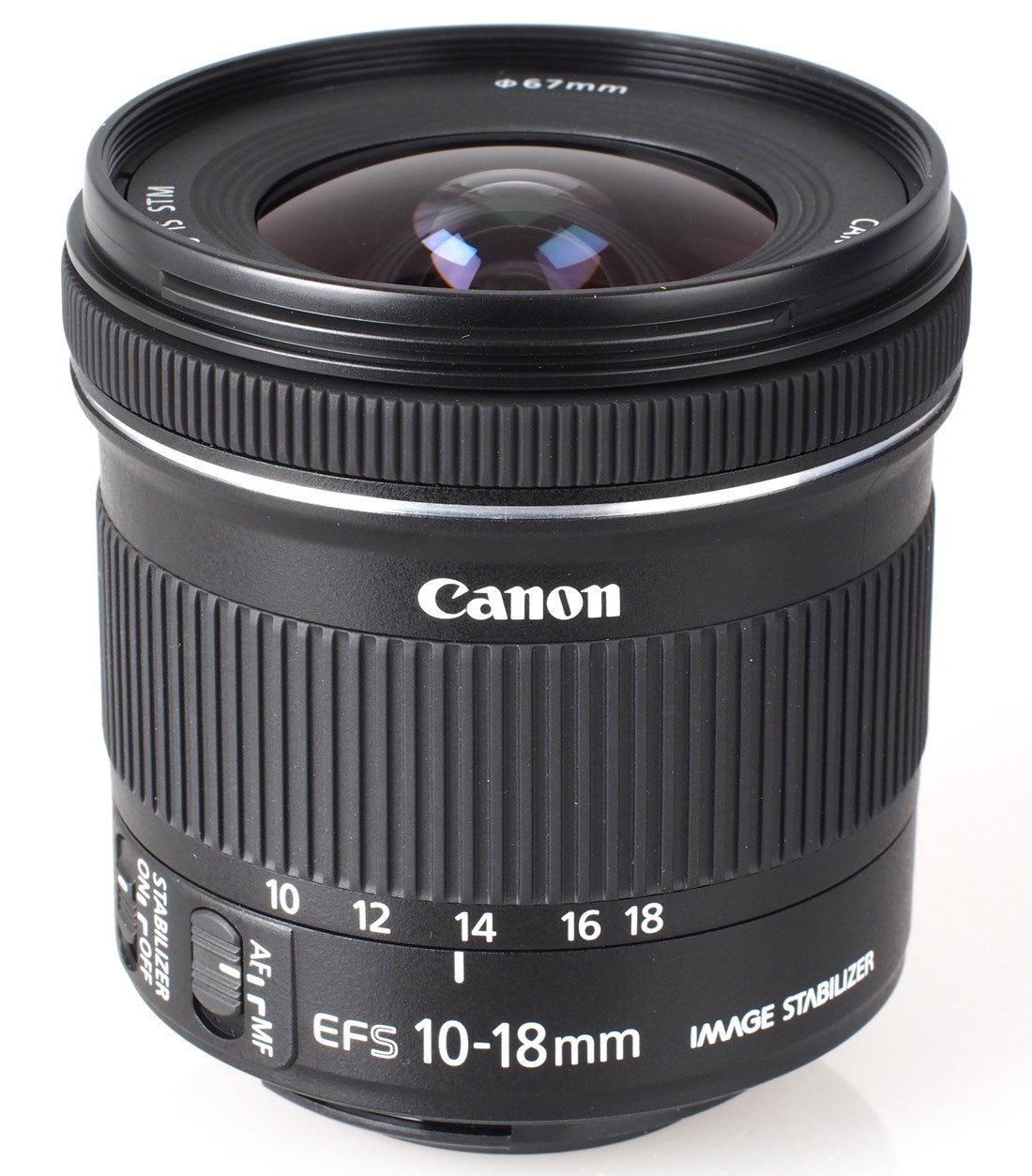 Canon EF-S 10-18mm f4.5-5-6 IS STM Lens - Product Photo 1 - Top down perspective with emphasis on the focus ring and glass components