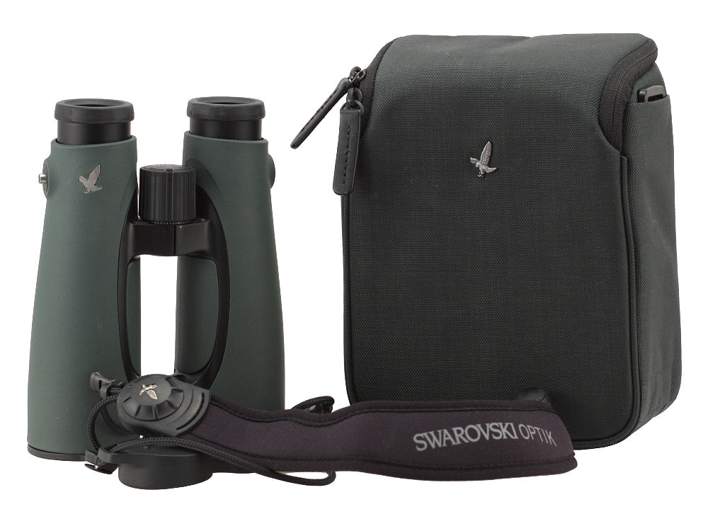 Swarovski 10x50 EL50 FieldPro Binoculars (Green) - Product Photo 1 - Close up of the complete kit. Binoculars, Carry Case and Leash