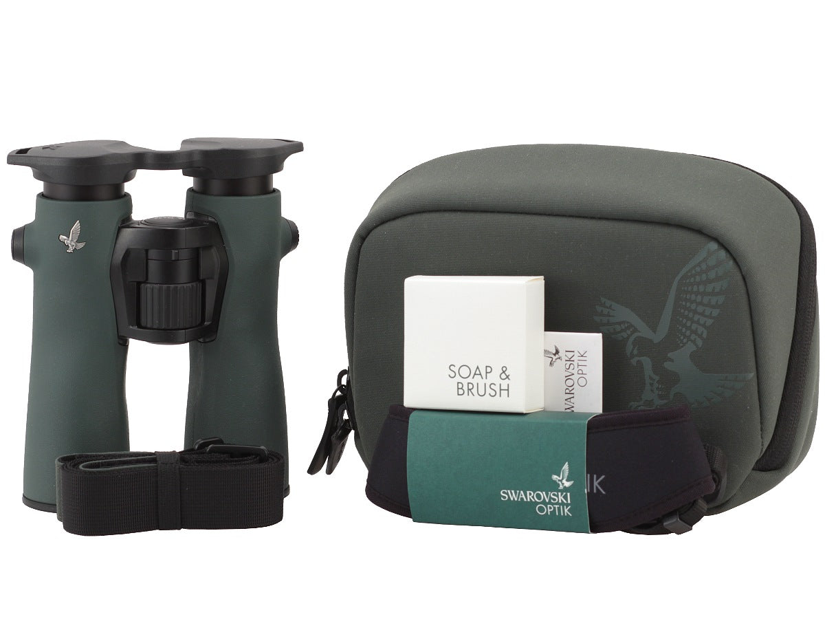 Swarovski NL Pure 8x42 Binoculars - Green - Product Photo 1 - Front view of the binoculars and acessory pack. Binoculars, Leashe, Harness, Cleaning Kit & Carry Case