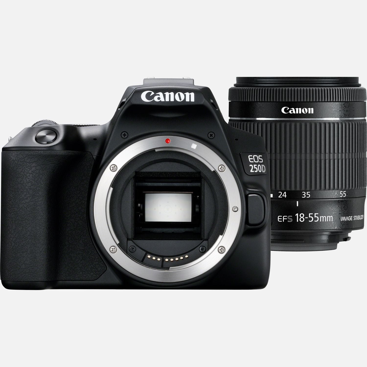 Canon EOS 250D Digital SLR Camera with 18-55mm IS STM Lens - Product Photo 2 - Black Version - Front photo of the camera body and lens seperate. Internal camera components and sensor visible