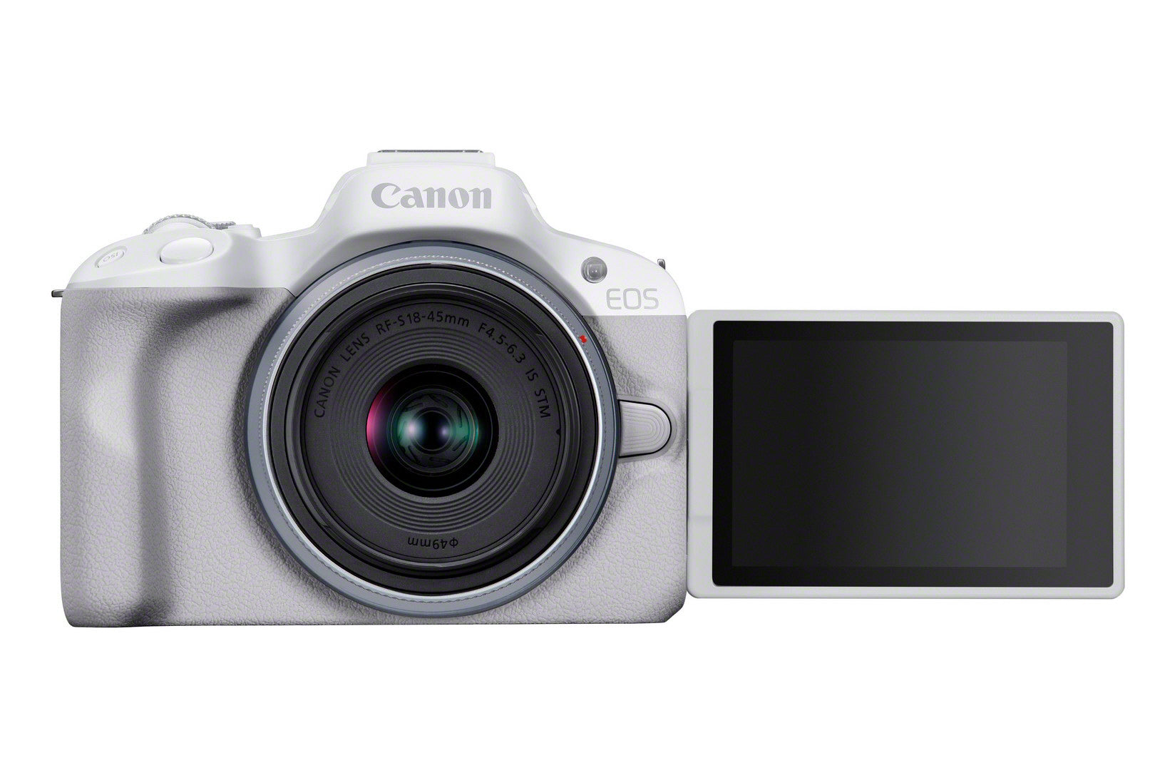 Canon EOS R50 Camera with RF-S 18-45mm Lens Kit - White - Product Photo 2 - Front view of the camera with the display screen extended