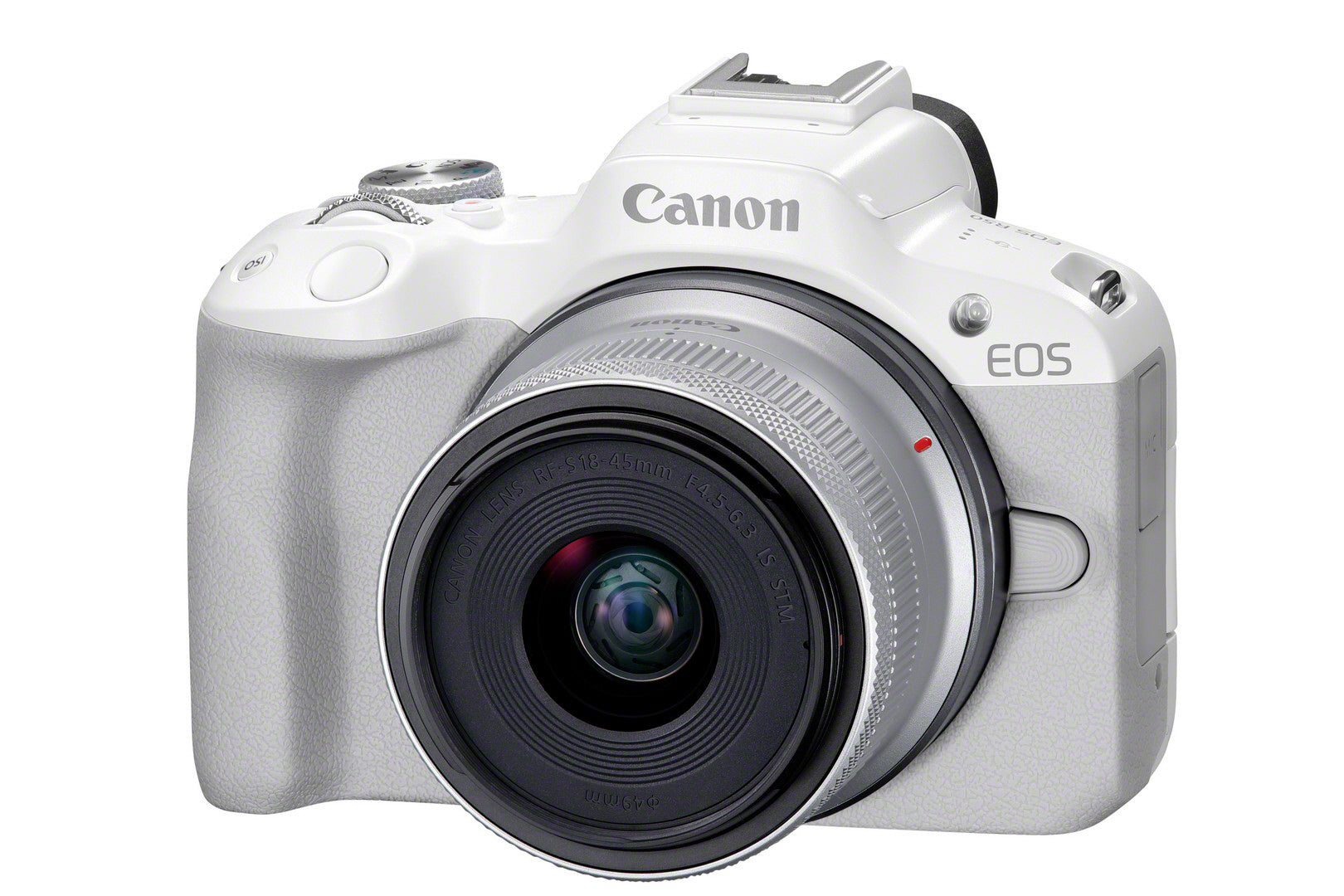 Canon EOS R50 Camera with RF-S 18-45mm Lens Kit - White - Product Photo 3 - Front side view of the camera with the lens attached