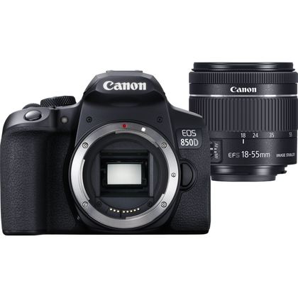 Canon EOS 850D and EFS 18-55mm lens product shot - Front view with the internal components visible