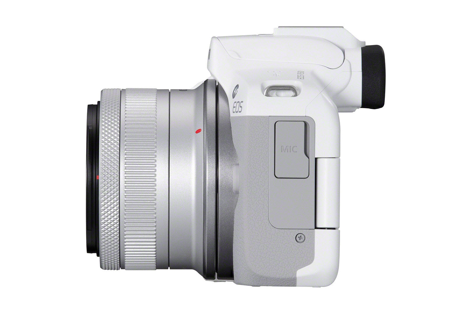 Canon EOS R50 Camera with RF-S 18-45mm Lens Kit - White - Product Photo 5 - Side view of the camera with the microphone port available