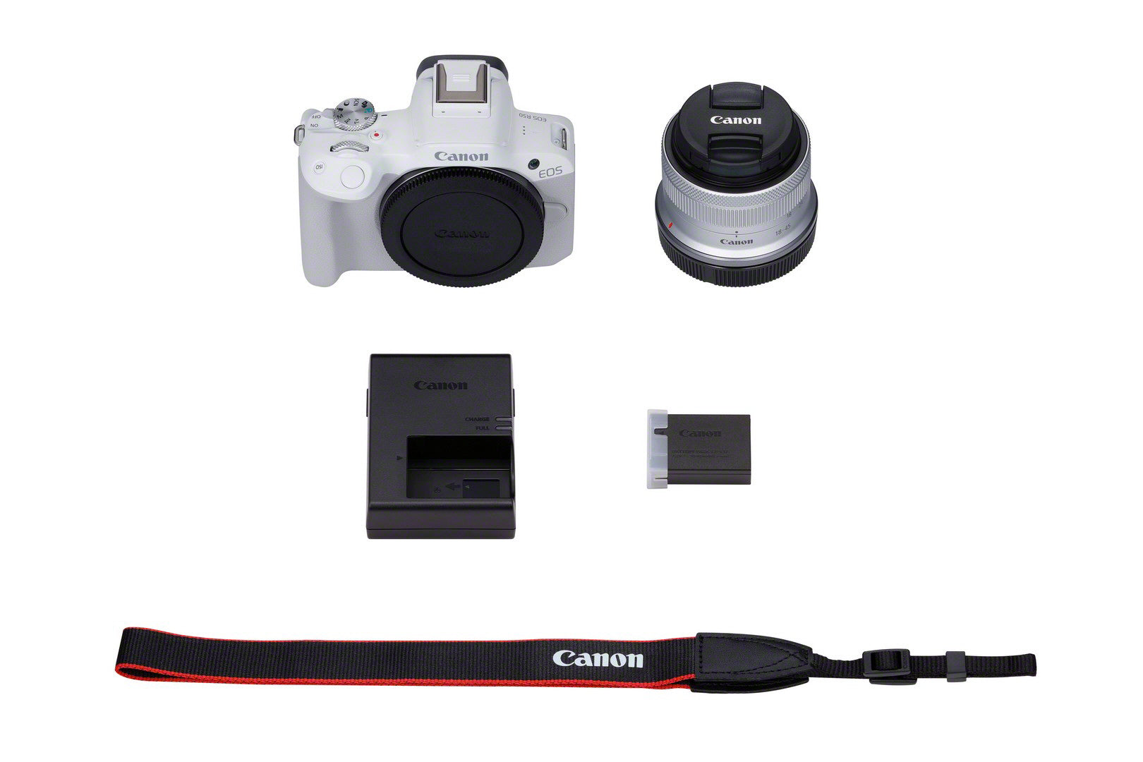 Canon EOS R50 Camera with RF-S 18-45mm Lens Kit - White - Product Photo 6 - Photo of the complete kit showing the body, lens, battery charging unit, battery and safety leash