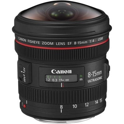 Canon EF 8-15mm f4 L Fisheye USM Lens - Product Photo 1 - Stand up view with emphasis on the focus display, control ring and lens glass