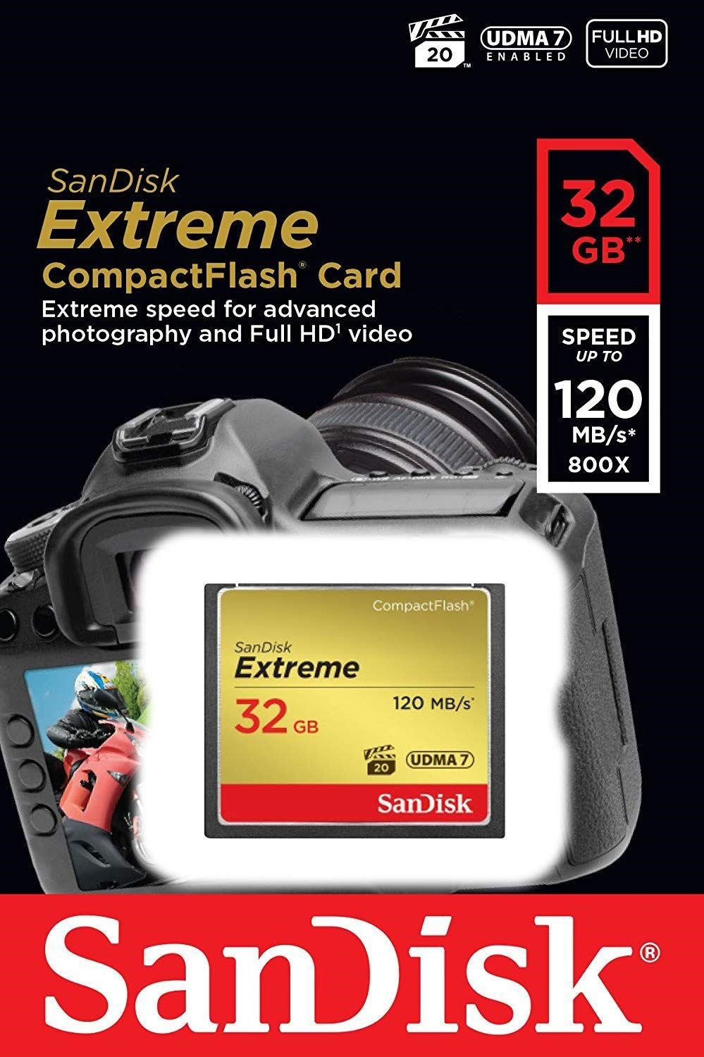 Product Image of SanDisk 32GB Extreme Compact Flash Memory Card 120MB/S - Black/Gold