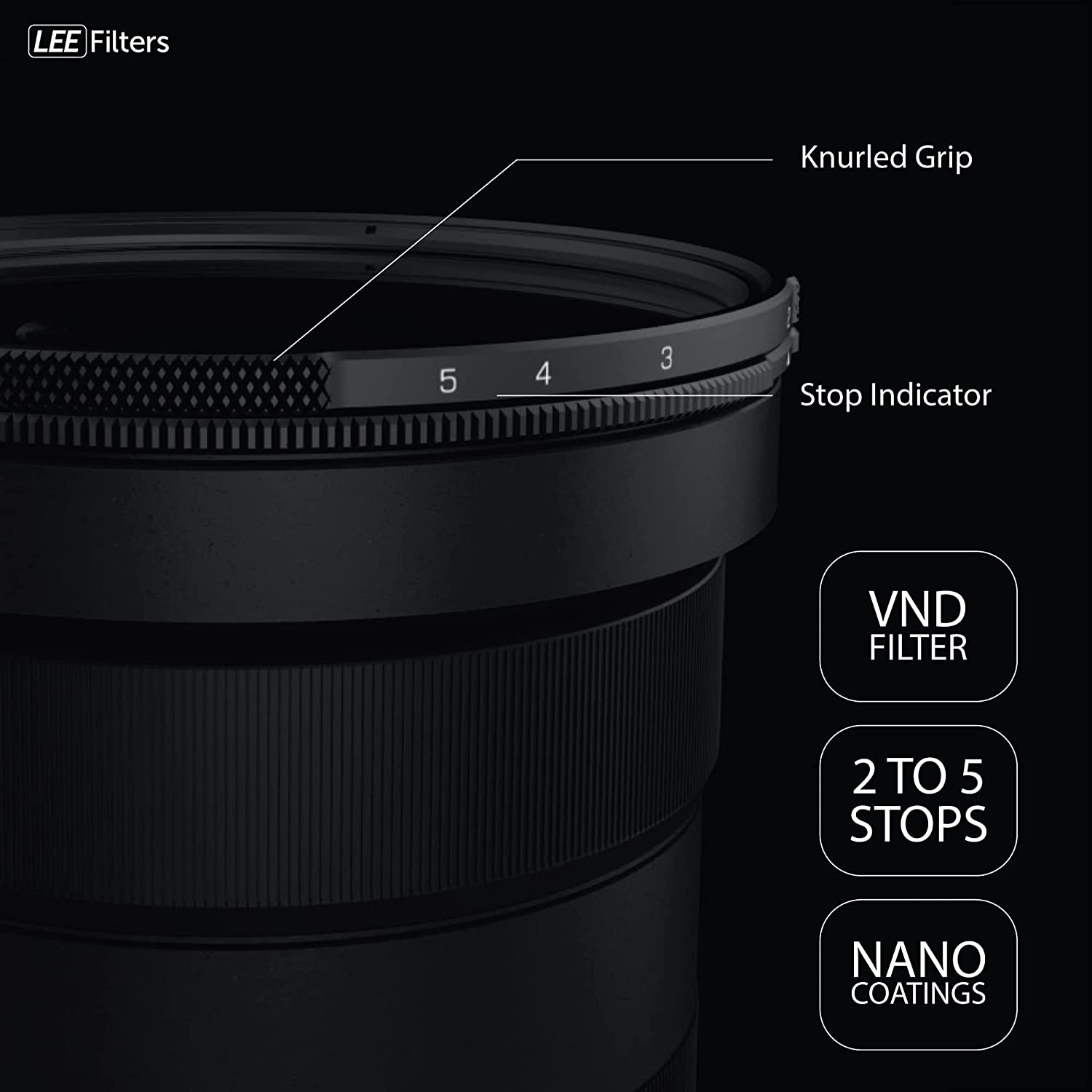 LEE Elements VND Filter, Variable Neutral Density, Featuring 2 to 5 Stops for Mirrorless and DSLR Cameras