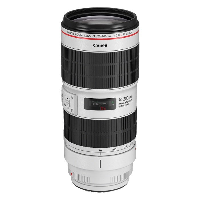 Canon EF 70-200mm f2.8L IS III USM Lens - Product Photo 1 - Stand Up, Top Down View with details of the glass and focus rings
