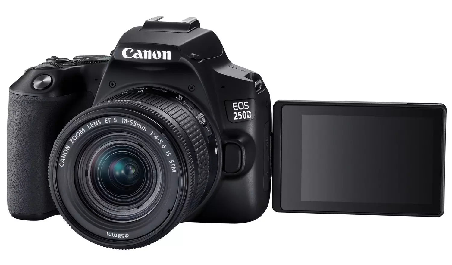 Canon EOS 250D Vlogger Kit 18-55mm Lens, 32GB SD, Joby Tripod, LP-E17, Rode Mic - Product Kit Photo 4 - Side profile of the camera with the screen extended