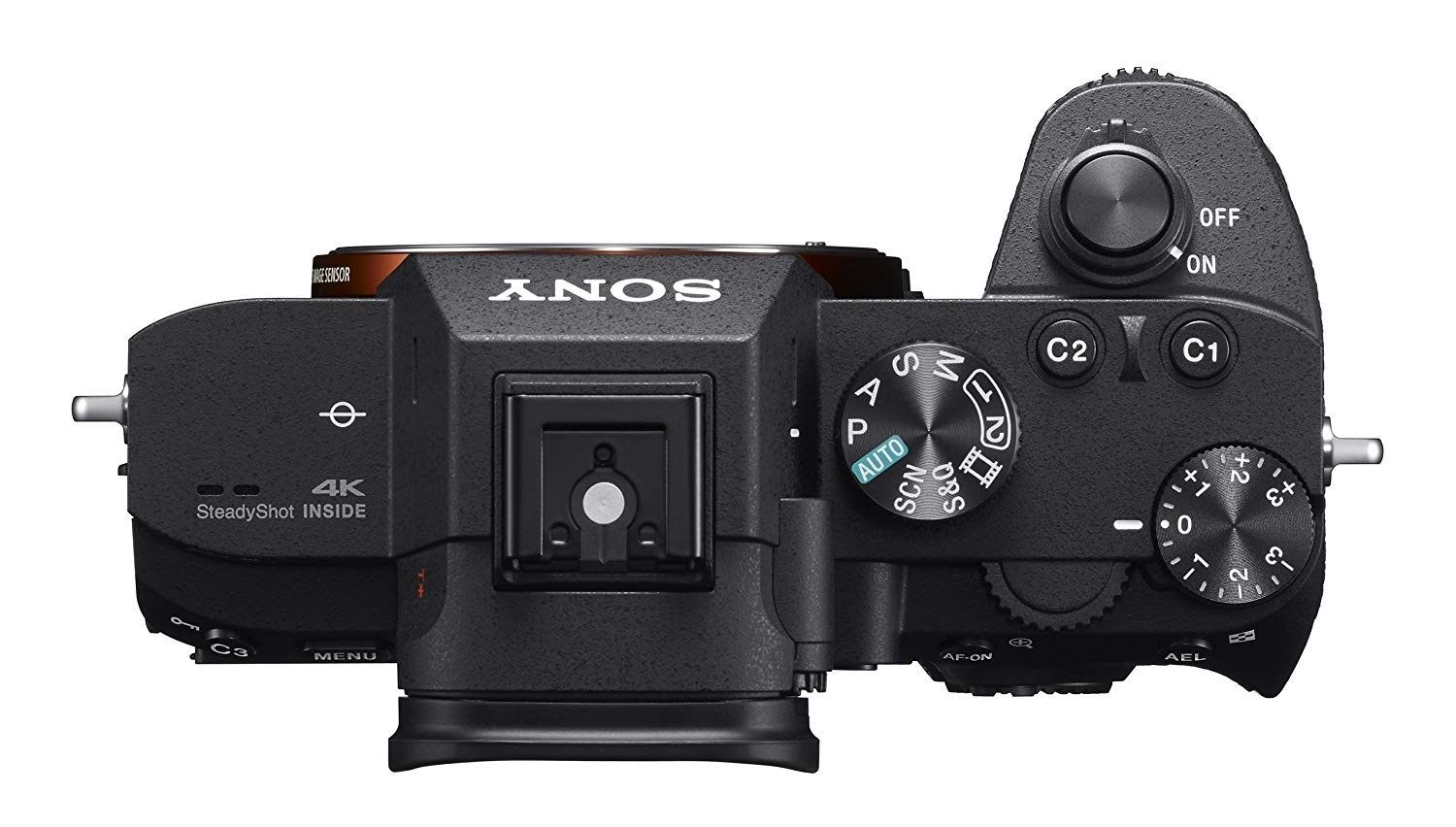 Sony Alpha a7 III Mirrorless Camera - Body only - Product Photo 6 - Top down view of the camera body showing the flash mount, controls and eyepiece / viewfinder