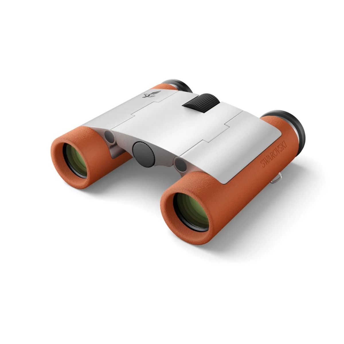 Swarovski 7x21 CL Curio compact binoculars - Burnt Orange - Product Photo 2 - Photo of the binoculars from a side perspective, resting on a notebook diagram to show the scale of the product 4 - Close up of the front of the binoculars showing the glass of the lens