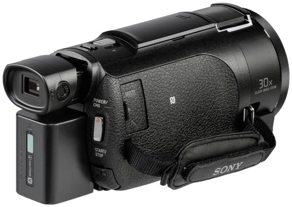 Sony Handycam Camcorder FDR-AX53, 4K, Ultra HD, (Black) Camera - Product Photo 5 - Side view of the camera with the grip, battery and controls visible