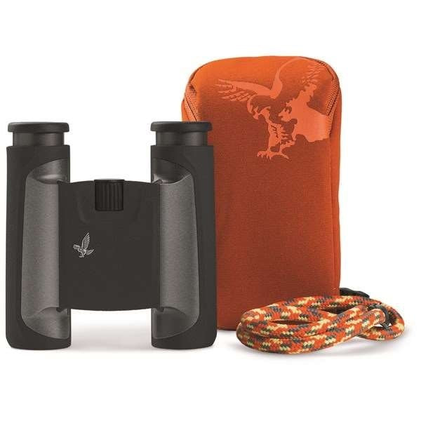 Swarovski CL 8x25 Pocket Binoculars Anthracite with Mountain Accessory Pack - Top down view of the binoculars, carry case and leash