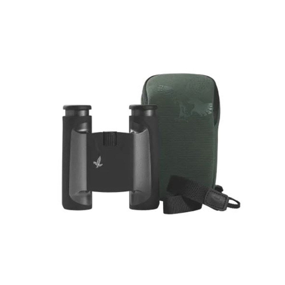Swarovski CL 8x25 Pocket Binoculars Anthracite with Wild Nature Accessory Pack - Front view of the binoculars and carry case