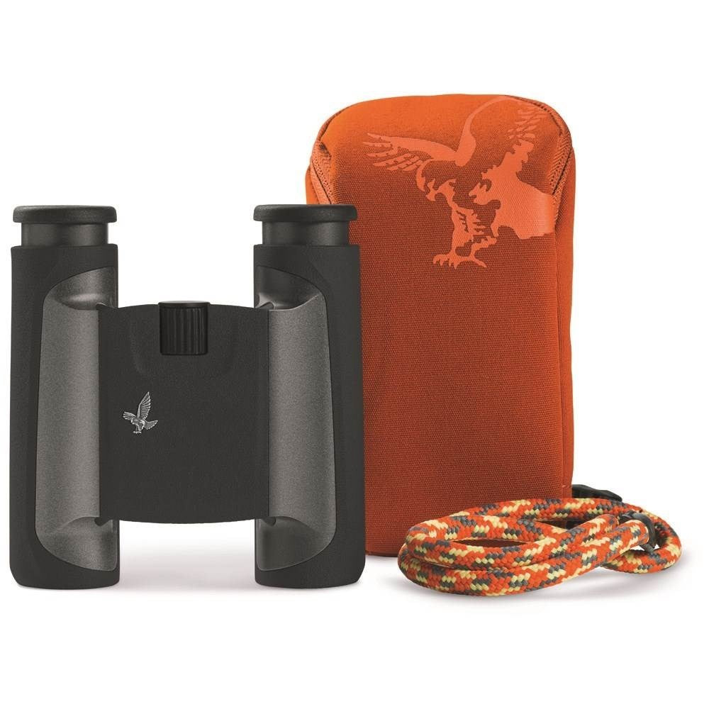 Swarovski CL 10x25 Pocket Binoculars Anthracite with Mountain Accessory Pack - Product Photo 1 - High res photo of the binoculars, carry case and leash