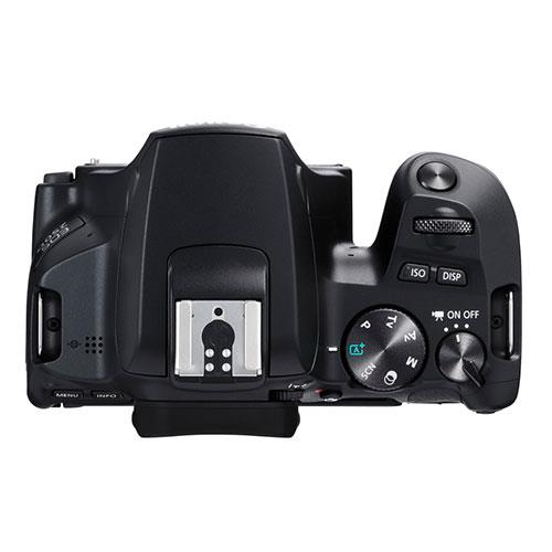 Canon EOS 250D Digital SLR Camera Body - Product Photo 3 - Top down view of the camera with the controls and flash