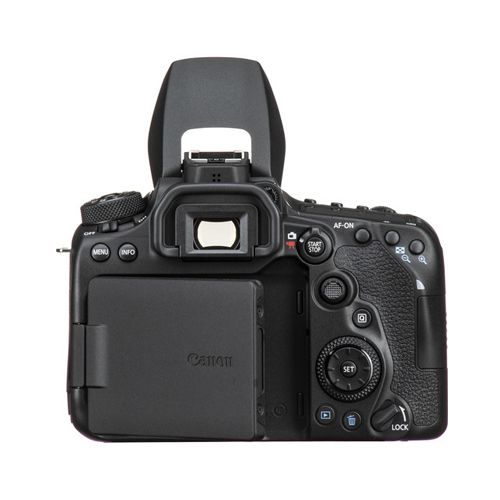 Canon EOS 90D DSLR Camera (Body Only) - Product Photo 4 - rear view of the camera with the flash extended, screen partially rotated, viewfinder and control buttons visible