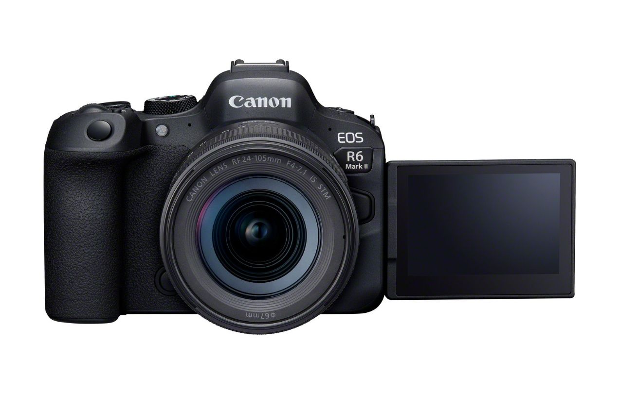 Canon EOS R6 Mark II & RF 24-105mm F4-7.1 IS STM Lens kit - Product Photo 6 - Front side view of the camera with the screen extended