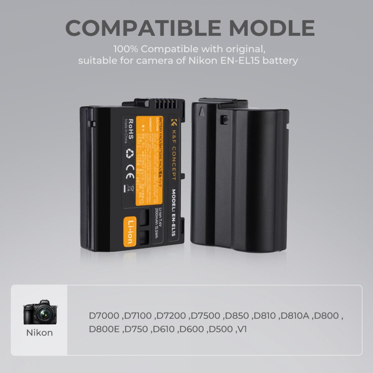 K&F Concept nikon EN-EL15 rechargeable battery 2-piece dual slot battery charger kit