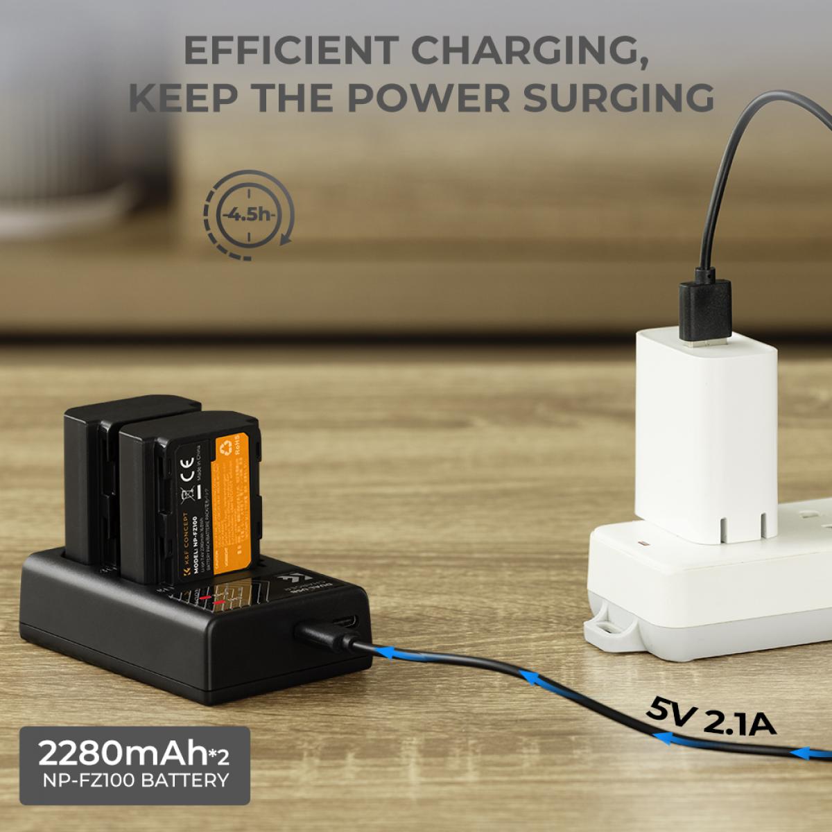 K&F CONCEPT NP-FZ100 Dual Slot Quick Charger, Micro USB and Type-C Dual  Interface, Battery Compatible Sony Alpha A7 III, A7R III (A7R3), A9, a6600,  a7R IV, Alpha a9 II USB Data Cable