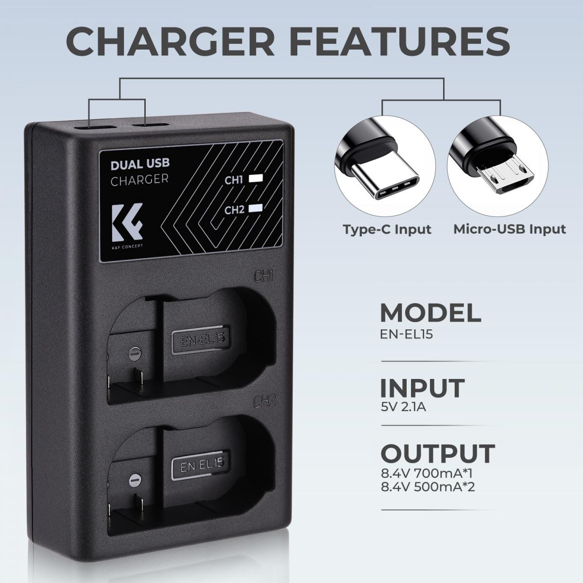 K&F Concept Nikon EN-EL15/EN-EL15a/EN-EL15b Dual Slot Quick Battery Charger
