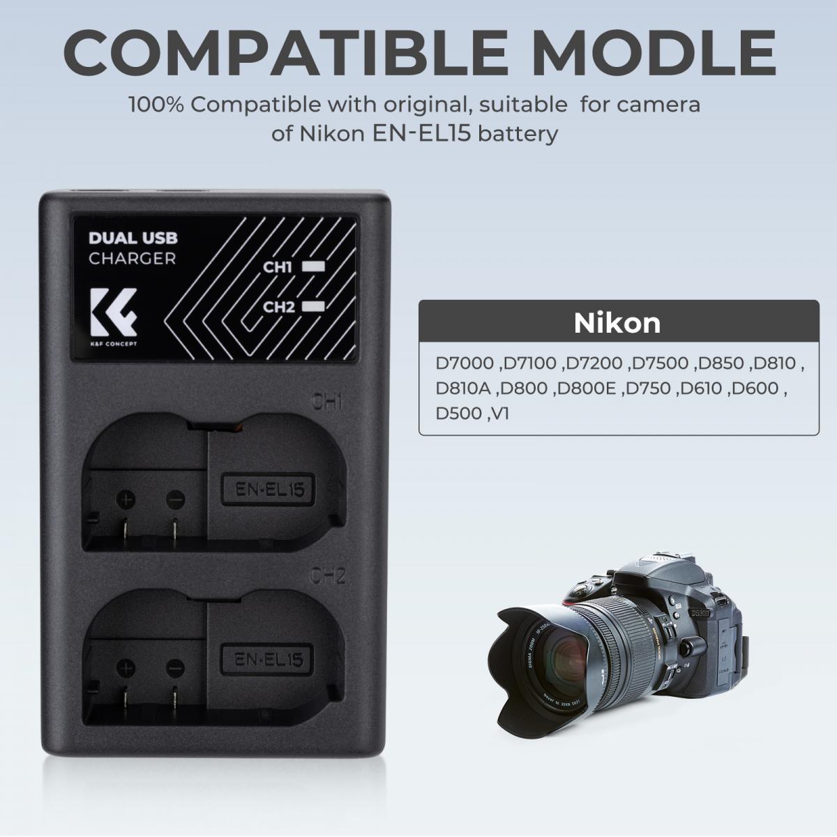 K&F Concept Nikon EN-EL15/EN-EL15a/EN-EL15b Dual Slot Quick Battery Charger