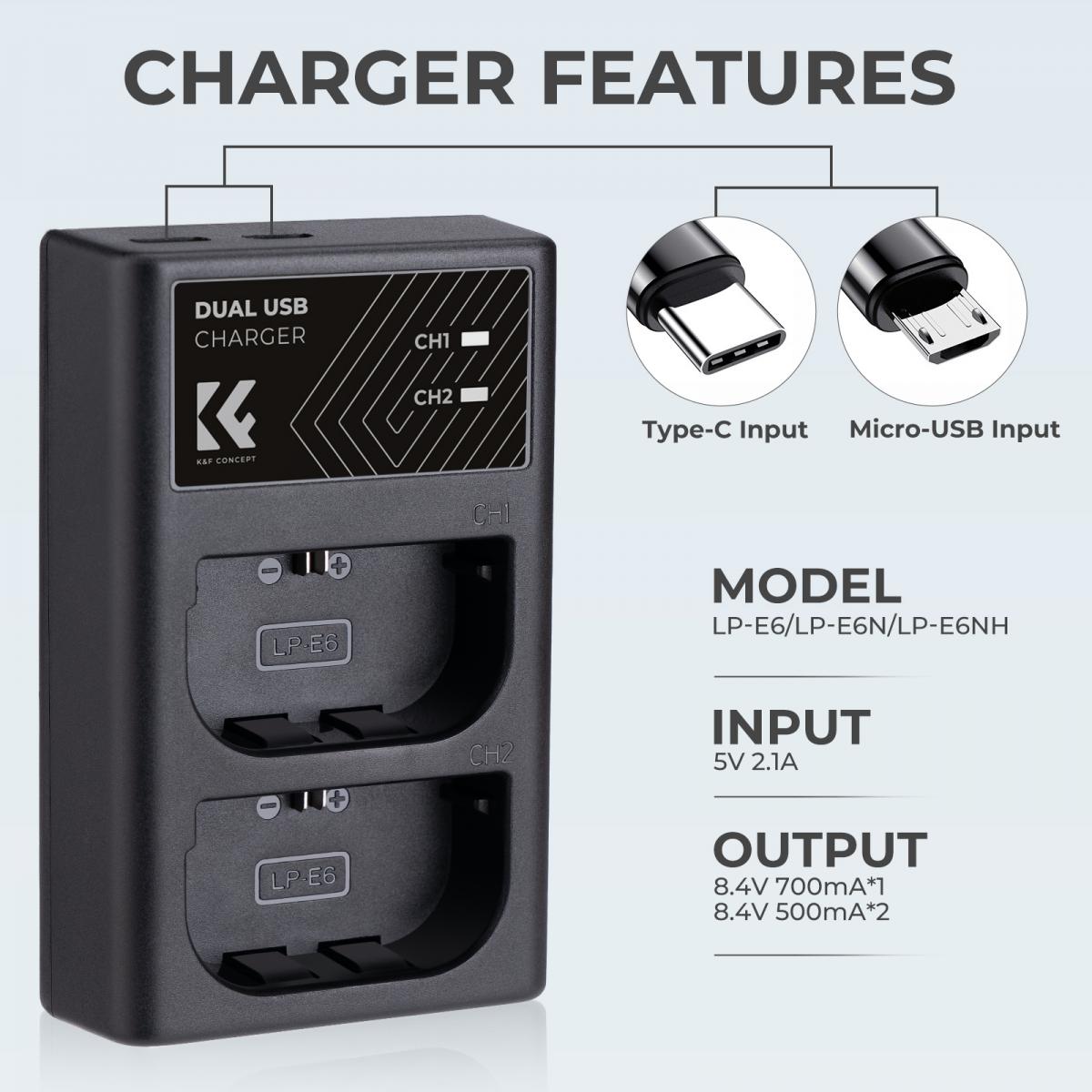 K&F Concept Canon LP-E6NH Dual Slot Battery Charger