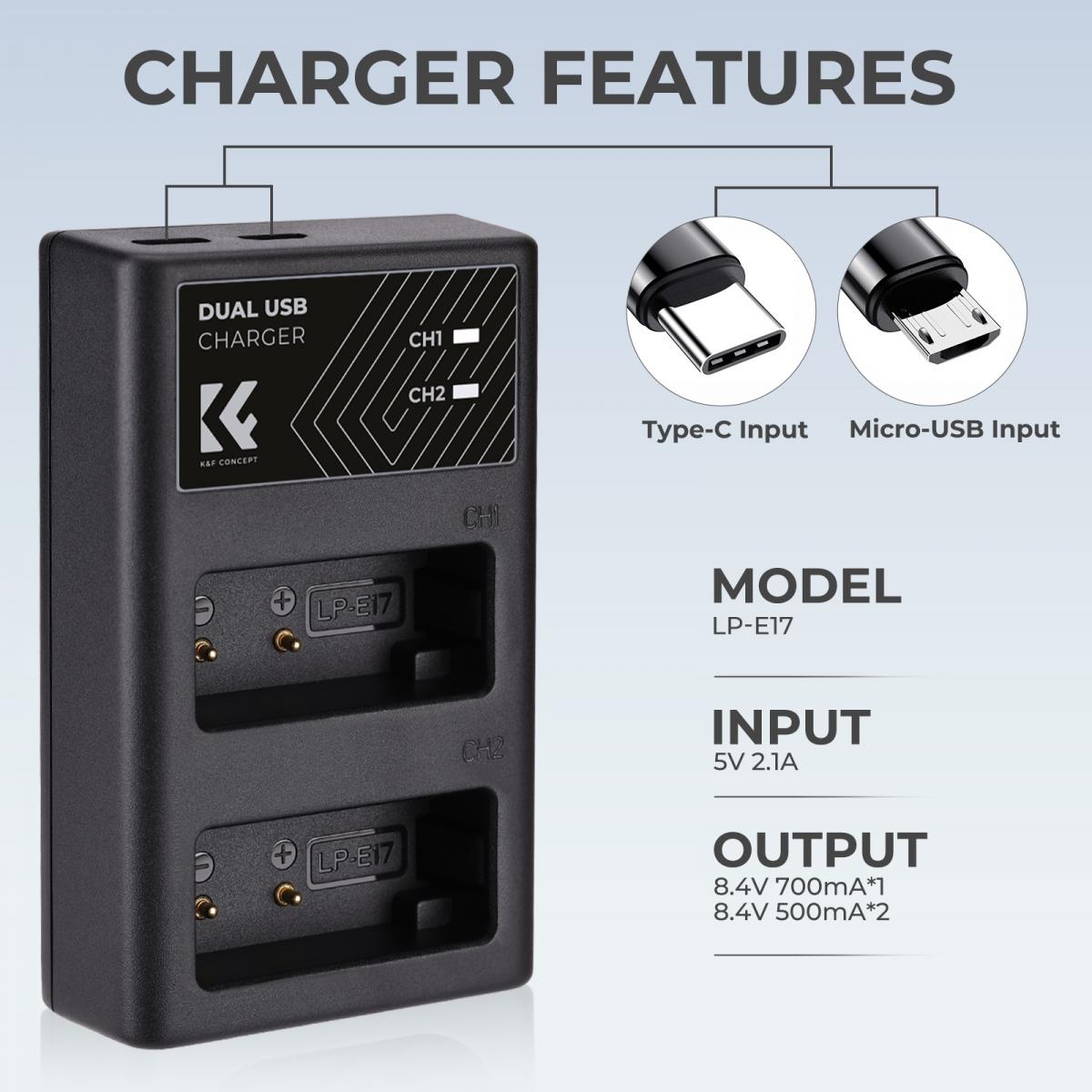 K&F Concept Canon LP-E17 Dual Slot Quick Battery Charger
