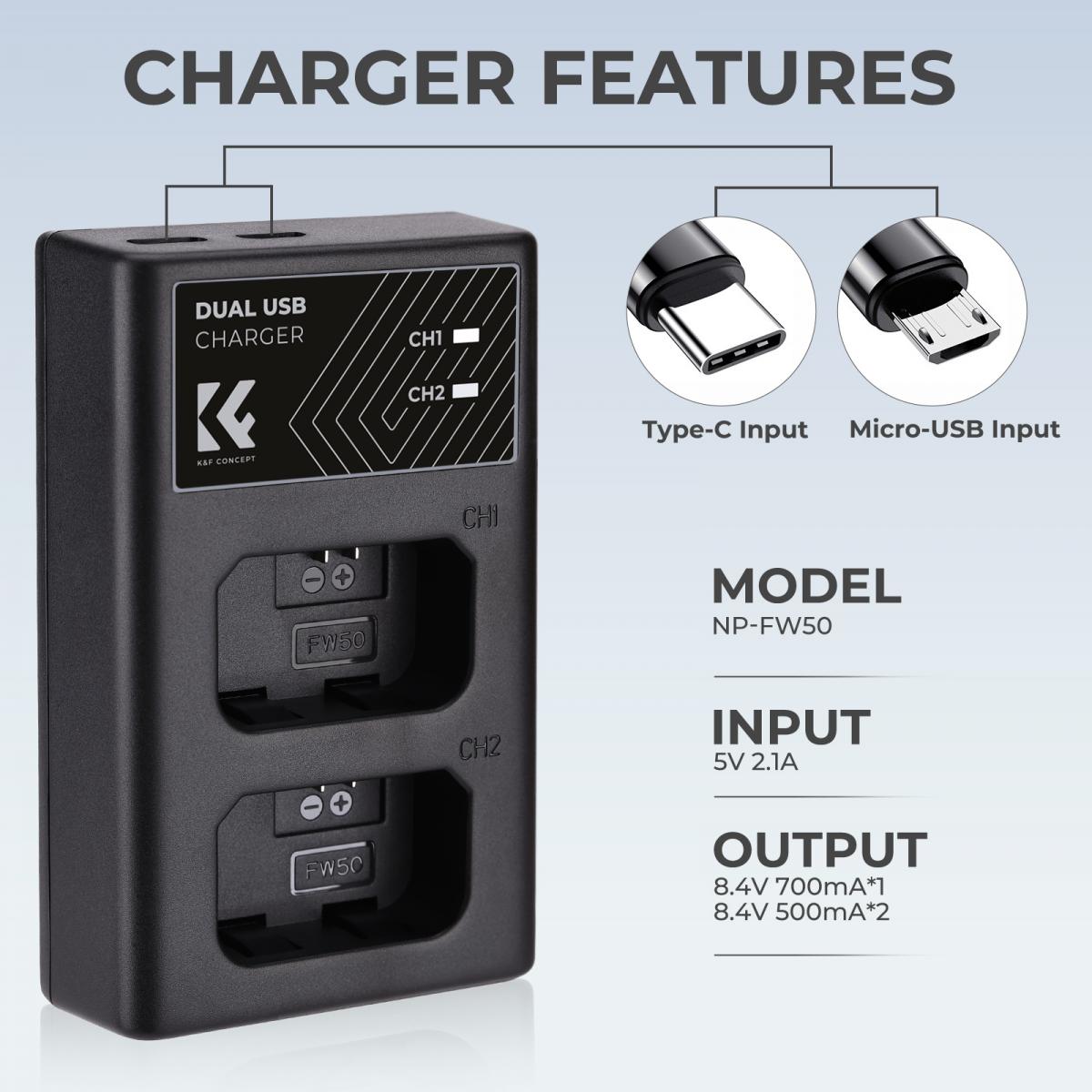 K&F Concept Sony NP-FW50 Dual Slot Quick Battery Charger