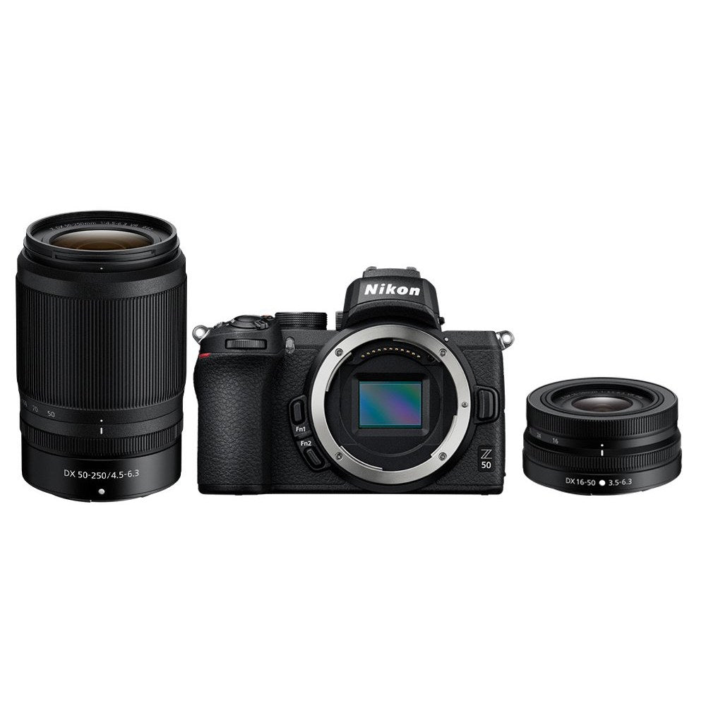 Nikon Z50 Digital Mirrorless Camera with 16-50mm and 50-250mm lenses displayed alongside the camera body.