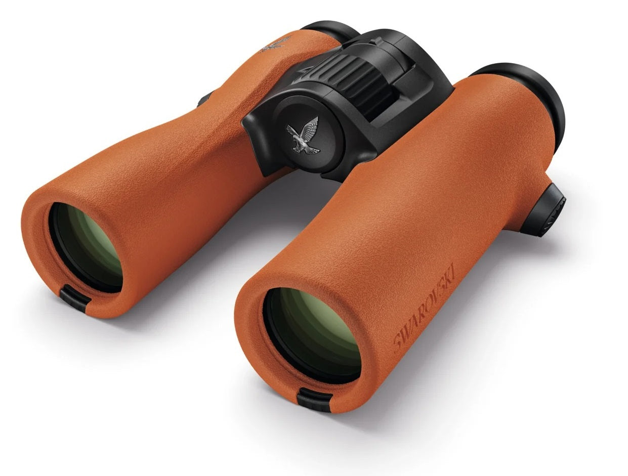 Swarovski NL Pure 10x32 Waterproof Binoculars - Burnt Orange - Product Photo 9 - Close up of the front of the binoculars showing the glasswear, focus ring and grips