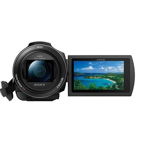 Sony Handycam Camcorder FDR-AX53, 4K, Ultra HD, (Black) Camera - Product Photo 1 - Front view of the camera with the screen fully extended
