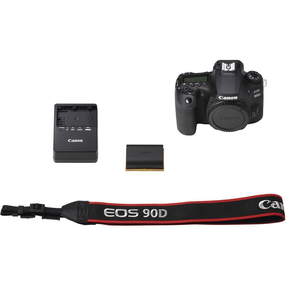 Canon EOS 90D DSLR Camera (Body Only) - Product Photo 5 - Camera body, battery, charger and leash accessories 