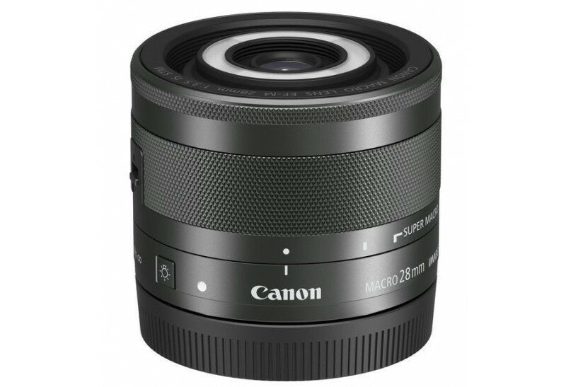 Canon EF-M 28mm f3.5 Macro IS STM Black Lens for EOS M - Product Photo 1 - Top down perspective with emphasis on the glass and focus ring